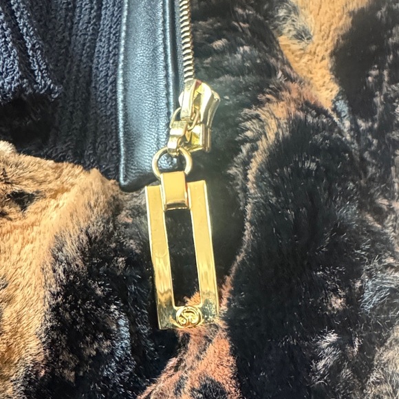 ST. JOHN Leather Trimmed Faux Fur Luxury Knit Jacket Black Tan Size Small - Picture 14 of 15